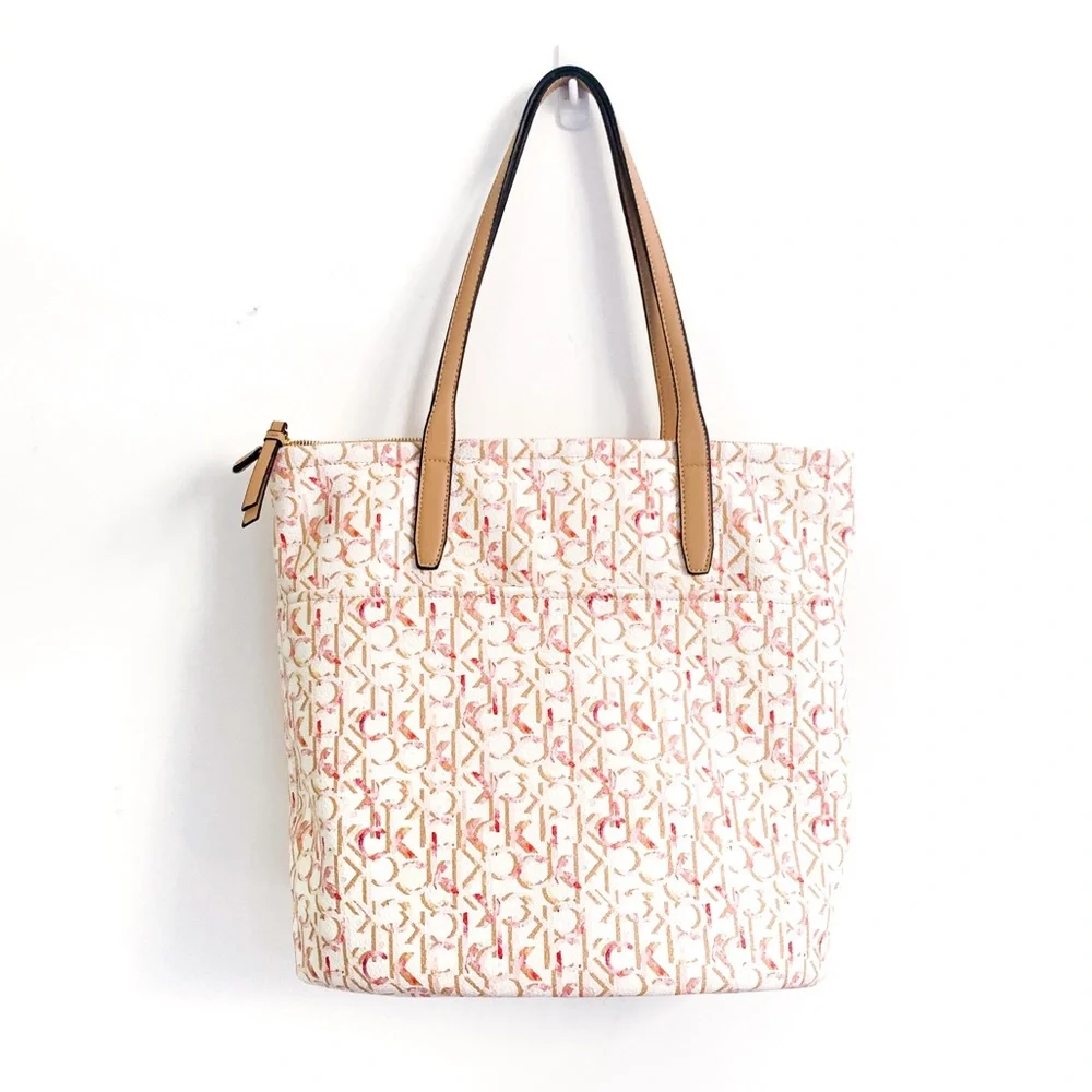 Calvin Klein Pink Cream Monogram Tote with Tan Handles